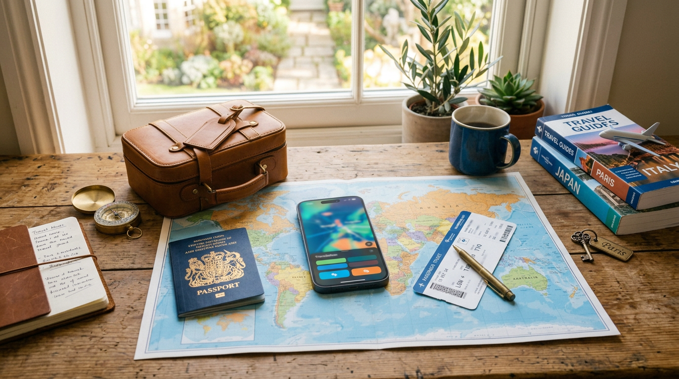 Passport, boarding pass, smartphone, and coffee on a world map